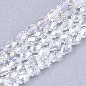 Electroplate Glass Beads Strands, AB Color Plated, Faceted, Teardrop, Clear AB, 7.5~8x6mm, Hole: 1mm, about 66~68pcs/strand, 22.6 inch