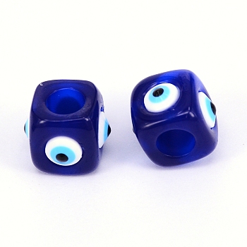 Resin European Beads, Cube, Evil Eyes, for Jewelry Making, Royal Blue, 14.5x14.5x11.5mm, Hole: 6.5mm