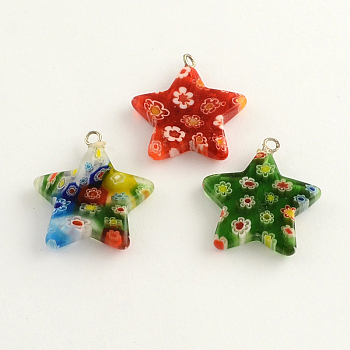 Handmade Millefiori Glass Pendants, with Platinum Plated Iron Findings, Star, Mixed Color, 26x24x4mm, Hole: 2mm