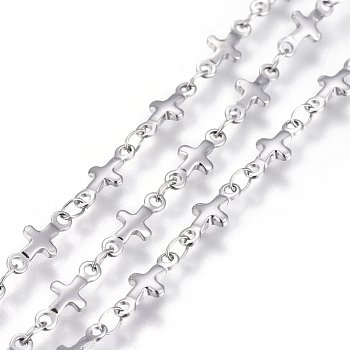304 Stainless Steel Link Chains, Soldered, Cross, Stainless Steel Color, 10x4.5x1mm