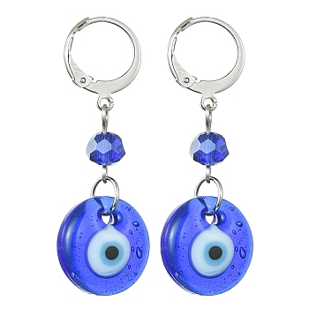 Evil Eye Glass Leverback Earrings, 304 Stainless Steel Dangle Earring for Women, Royal Blue, 42x15mm