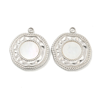 304 Stainless Steel Pendants, with Shell, Flat Round Charm, Stainless Steel Color, 17x15x1.5mm, Hole: 1.6mm