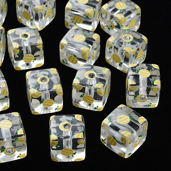 Transparent Printed Acrylic Beads, Square with Fruit Pattern, Fruit Pattern, 16x16x16mm, Hole: 3mm