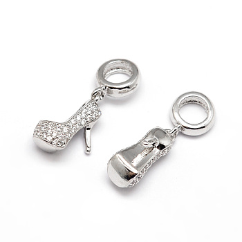 Large Hole Brass Micro Pave Cubic Zirconia European Dangle Charms, with High-Heeled Shoes Charms, Lead Free & Nickel Free & Cadmium Free, Real Platinum Plated, 22mm, Hole: 4mm
