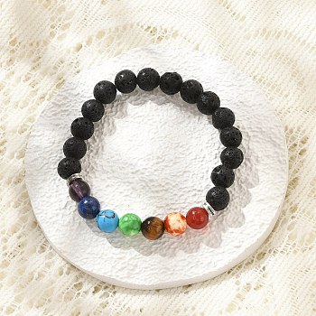 Yoga Chakra Jewelry, Natural Lava Rock Stretch Bracelets, with Gemstone and Alloy Beads, Round, 2-1/8 inch(55mm)