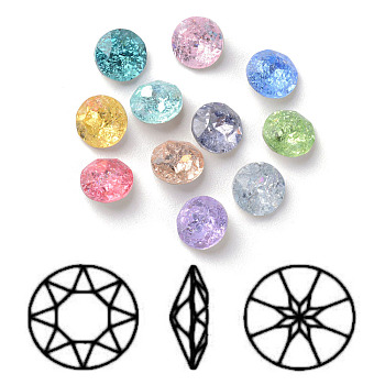 Pointed Back K9 Glass Rhinestone Cabochons, Crackle Style, Imitation Austrian Crystal, Back Plated, Faceted, Flat Round, Mixed Color, 6x3mm