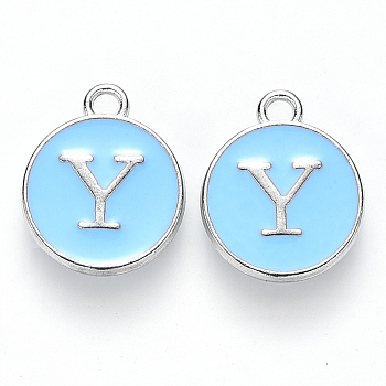 Platinum Plated Alloy Enamel Charms, Cadmium Free & Lead Free, Enamelled Sequins, Flat Round with Letter, Sky Blue, Letter.Y, 14x12x2mm, Hole: 1.5mm
