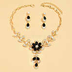 Flower Alloy Rhinestone Pendant Necklaces & Teardrop Stud Dangle Earrings Sets, Golden, Jet, 420mm(FS-WG19EE6-06)