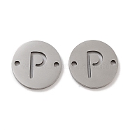 201 Stainless Steel Hollow Flat Round Links, Letter Connector Charms, Stainless Steel Color, Letter P, 12x1mm, Hole: 1.2mm(FIND-R149-03P-P)