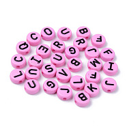 Opaque Acrylic Beads, Horizontal Hole, Flat Round with Black Random Letters, Pearl Pink, 10x4.5mm, Hole: 2mm, about 1600pcs/500g(MACR-S273-50F)