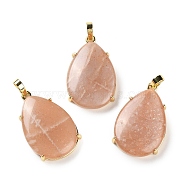 Natural Sunstone Pendants, Brass Teardrop Charms, Golden, Cadmium Free & Lead Free, 28.5x18x5~6mm, Hole: 5x4mm(G-U002-01G-E)