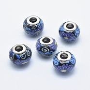 Handmade Polymer Clay European Beads, Large Hole Beads, Rondelle with Flower Pattern, Medium Blue, 13~16x8~11mm, Hole: 4.5~5mm(CLAY-K002-A34)