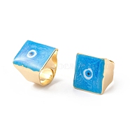 Square Enamel with Evil Eye Wide Band Finger Rings, Real 18K Gold Plated Brass Adjustable Rings for Women Men, Deep Sky Blue, 18.5mm, Inner Diameter: 17mm(RJEW-A014-02G-01)