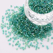Glass Cylinder Beads, Seed Beads, Transparent Colours Rainbow, Round Hole, Sea Green, 1.5~2x1~2mm, Hole: 0.8mm, about 8000pcs/bag, about 1pound/bag(SEED-S047-J-006)