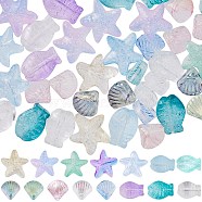 150Pcs 15 Style Transparent Spray Painted Glass Beads, Starfish & Fish & Scallop Shape, Mixed Color, 10~14x10~15x5.5~6.5mm, Hole: 1mm, 10Pcs/style(GLAA-SC0001-92)