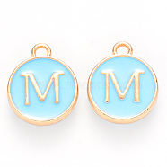 Golden Plated Alloy Enamel Charms, Cadmium Free & Lead Free, Enamelled Sequins, Flat Round with Letter, Sky Blue, Letter.M, 14x12x2mm, Hole: 1.5mm(X-ENAM-S118-04M)