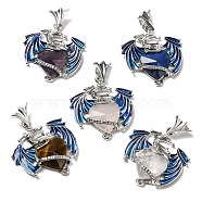 Natural & Synthetic Mixed Gemstone Pendants, Faceted Heart Charms, with Rack Plating Platinum Plated Brass Enamel Dragon, Mixed Dyed and Undyed, 37mm, Pendant: 30.5x28.5x6.5mm, Hole: 3x3.5mm(G-F758-D-P)