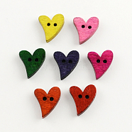 2-Hole Dyed Wooden Buttons, Heart, Mixed Color, 18x16x4mm, Hole: 2mm(BUTT-R031-215)