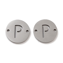 Non-Tarnish 201 Stainless Steel Hollow Flat Round Links, Letter Connector Charms, Stainless Steel Color, Letter P, 12x1mm, Hole: 1.2mm(FIND-R149-03P-P)