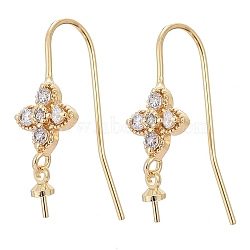 Brass Micro Pave Cubic Zirconia Earring Hooks, for Half Drilled Beads, Long-Lasting Plated, Flower, Clear, Real 18K Gold Plated, 25mm, Pin: 0.7mm(X-KK-K244-34G)