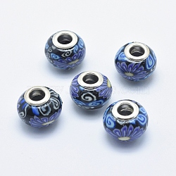 Handmade Polymer Clay European Beads, with Silver Color Plated Brass Cores, Large Hole Beads, Rondelle with Flower Pattern, Medium Blue, 13~16x8~11mm, Hole: 4.5~5mm(CLAY-K002-A34)