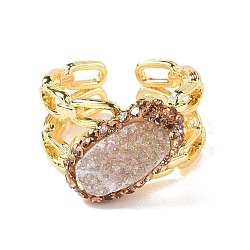 Natural Agate Druzy Oval Open Cuff Ring with Rhinestone, Rack Plating Brass Jewelry for Women, Cadmium Free & Lead Free, Golden, US Size 7 1/4(17.5mm)(RJEW-G257-03G)