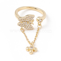 Clear Cubic Zirconia Butterfly with Flower Charm Dangle Open Cuff Ring, Brass Chunky Ring with Safety Chains for Women, Lead Free & Cadmium Free, Real 18K Gold Plated, US Size 7(17.3mm)(KK-E005-02G)
