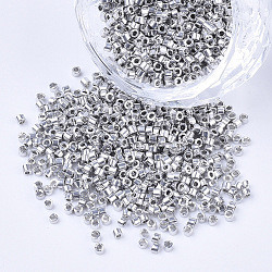Electroplate Glass Cylinder Beads, Seed Beads, Round Hole, Metallic Colours, Silver, 1.5~2x1~2mm, Hole: 0.8mm, about 8000pcs/bag, about 85~95g/bag(SEED-Q036-01A-B04)