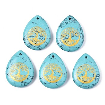 Synthetic Turquoise Pendants, Teardrop with Tree of Life Pattern, 32~33.5x25~26x6.5~7.5mm, Hole: 2mm, 6pcs/bag