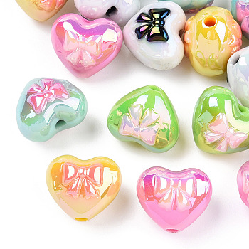 UV Plated Acrylic Beads, Iridescent, Heart with Bowknot, Mixed Color, 15x17.5x14.5mm, Hole: 2.2mm