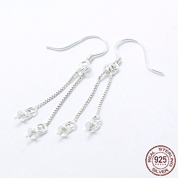 925 Sterling Silver Earring Hooks Findings, with Box Chain & & Cup Pearl Bail Pin, Silver, 45x0.8mm, 20 Gauge, Pin: 0.8mm, Tray: 3mm
