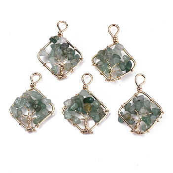 Natural Green Aventurine Pendants, Light Gold Tone Brass Wire Wrapped, Tree, Rhombus, 39~40.5x27.5~28.5x7mm, Hole: 4.5mm, Side Length: 24mm