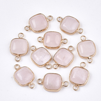 Natural Rose Quartz Links connectors, with Brass Findings, Square, Golden, 21x13x5~5.5mm, Hole: 2.5mm