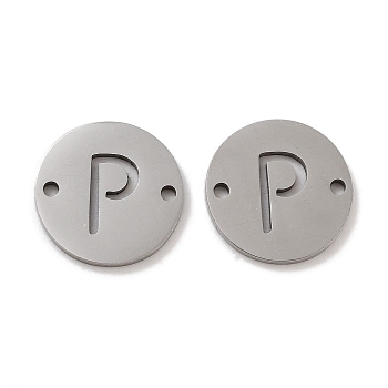 201 Stainless Steel Hollow Flat Round Links, Letter Connector Charms, Stainless Steel Color, Letter P, 12x1mm, Hole: 1.2mm