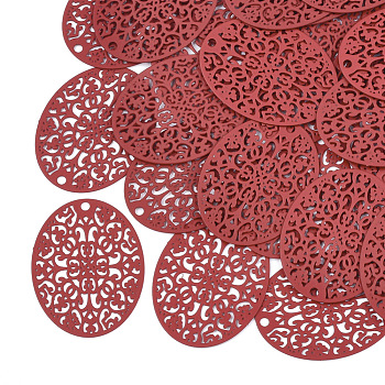 430 Stainless Steel Filigree Pendants, Spray Painted, Etched Metal Embellishments, Oval, Red, 31x23.5x0.3mm, Hole: 1.8mm