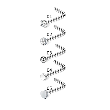 Clear Cubic Zirconia Nose Studs, 316 Surgical Stainless Steel L-Shaped Nose Rings, Piercing Jewelry for Women, Stainless Steel Color, 10mm, 5 Styles, 1Pc/style, 5Pcs