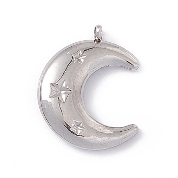 304 Stainless Steel Pendants, Double Horn/Crescent Moon with Star, Stainless Steel Color, 22.5x17.5x4mm, Hole: 1.5mm
