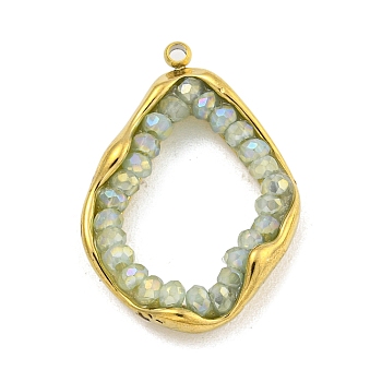 Faceted Natural Quartz Dyed Pendants, Irregular Oval Charms with Golden Plated 304 Stainless Steel Edge, Pale Green, 27x19x5mm, Hole: 1.4mm