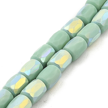 Frosted Imitation Jade Glass Beads Strands, AB Color Plated, Faceted, Column, Pale Green, 8x6mm, Hole: 1.4mm, about 80pcs/strand, 25.04''(63.6cm)