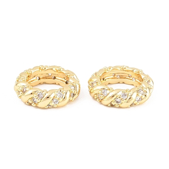 Brass Micro Pave Clear Cubic Zirconia Beads, Long-Lasting Plated, Rack Plating, Lead Free & Cadmium Free, Twisted, Real 18K Gold Plated, 11x3mm, Hole: 7mm