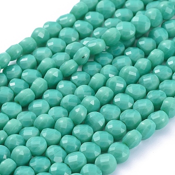 Glass Beads Strands, Faceted, Flat Round, Medium Turquoise, 6x4mm, Hole: 1.2mm, about 98pcs/Strand, 22 inch(53.5cm)