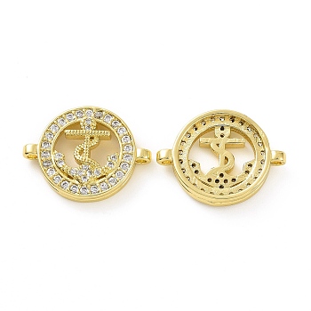 Rack Plating Brass Micro Pave Clear Cubic Zirconia Connector Charms, Long-Lasting Plated, Cadmium Free & Lead Free, Flat Round Links with Anchor Pattern, Real 18K Gold Plated, 16x21x4mm, Hole: 1.5mm