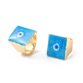 Square Enamel with Evil Eye Wide Band Finger Rings, Real 18K Gold Plated Brass Adjustable Rings for Women Men, Deep Sky Blue, 18.5mm, Inner Diameter: 17mm