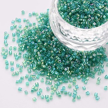 Glass Cylinder Beads, Seed Beads, Transparent Colours Rainbow, Round Hole, Sea Green, 1.5~2x1~2mm, Hole: 0.8mm, about 8000pcs/bag, about 1pound/bag