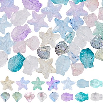 150Pcs 15 Style Transparent Spray Painted Glass Beads, Starfish & Fish & Scallop Shape, Mixed Color, 10~14x10~15x5.5~6.5mm, Hole: 1mm, 10Pcs/style