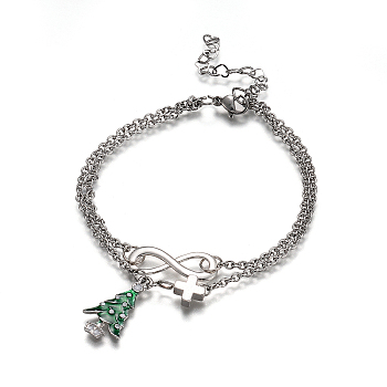 Christmas Theme, 304 Stainless Steel Multi-strand Charm Bracelets, with Alloy Enamel Pendants and Brass Findings, Christmas Trees, Green, 8-1/8 inch(20.5cm)