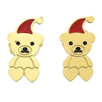 Ion Plating(IP) 304 Stainless Steel Enamel Stud Earrings, Real 14K Gold Plated, For Christmas, Bear, 13x7mm