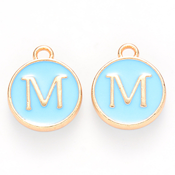 Golden Plated Alloy Enamel Charms, Cadmium Free & Lead Free, Enamelled Sequins, Flat Round with Letter, Sky Blue, Letter.M, 14x12x2mm, Hole: 1.5mm