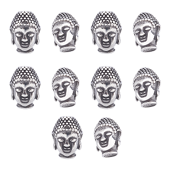 Buddhist 304 Stainless Steel Beads, Buddha Head, Antique Silver, 14x10x10mm, Hole: 1.8mm, 10pcs/box