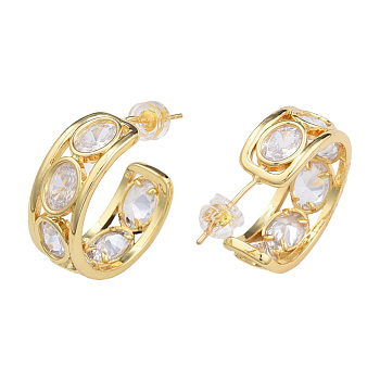 Cubic Zirconia Oval Half Hoop Earrings, Golden Brass C-shape Stud Earrings for Women, Nickel Free, Clear, 23x23mm, Pin: 0.7mm